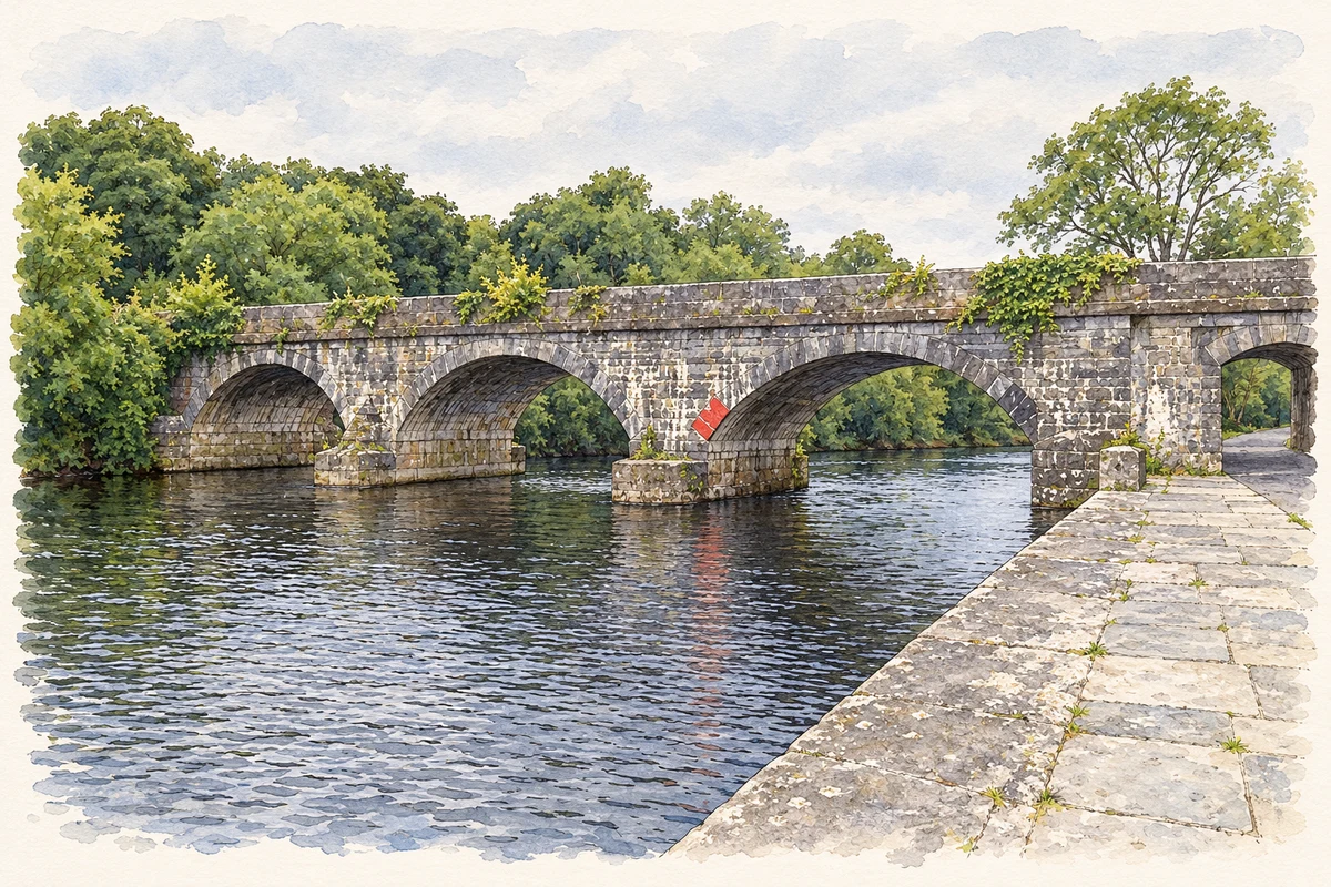 Watercolour and fine ink illustration of Knockvicar Bridge over the Boyle River, as photographed in 2008.