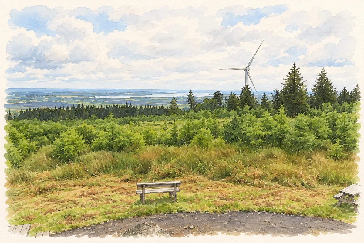 Watercolour and fine ink illustration of The view from Slieve Bawn above Lackan, as photographed in 2024.