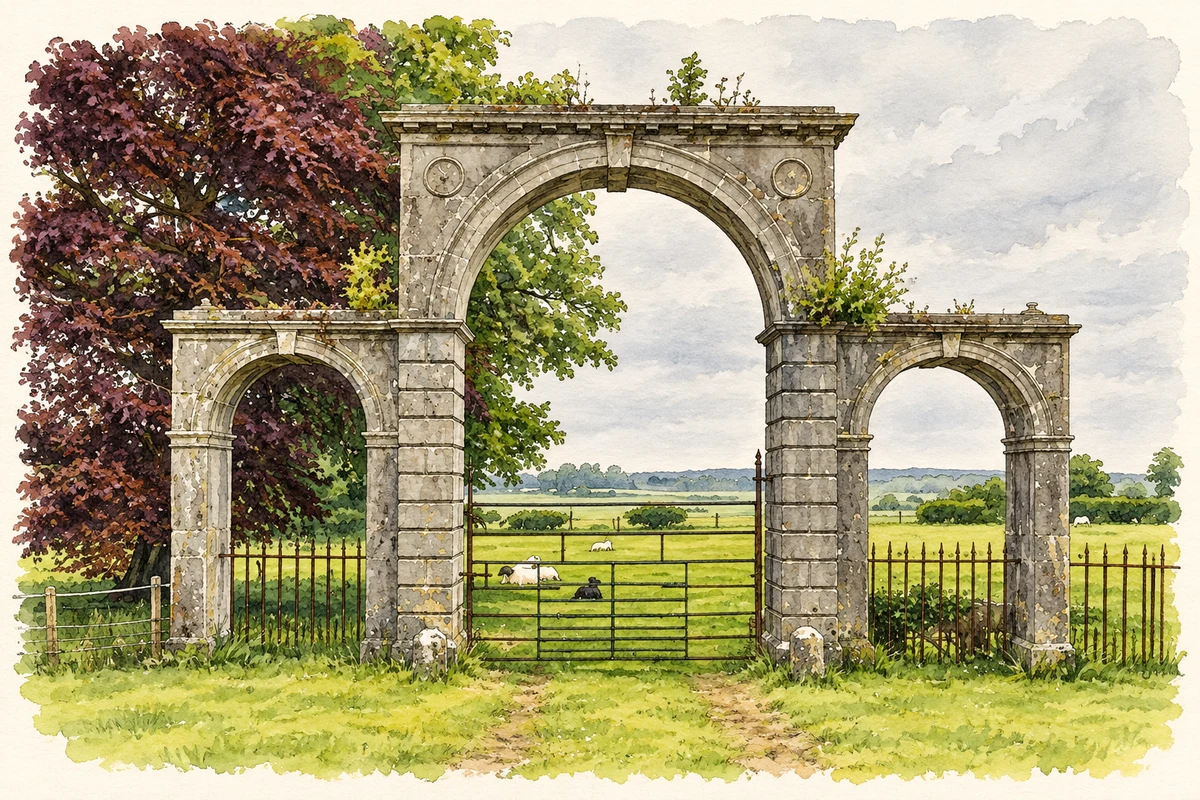 Watercolour and fine ink illustration of The entrance gateway to Mount Talbot House, as photographed in June 2022.