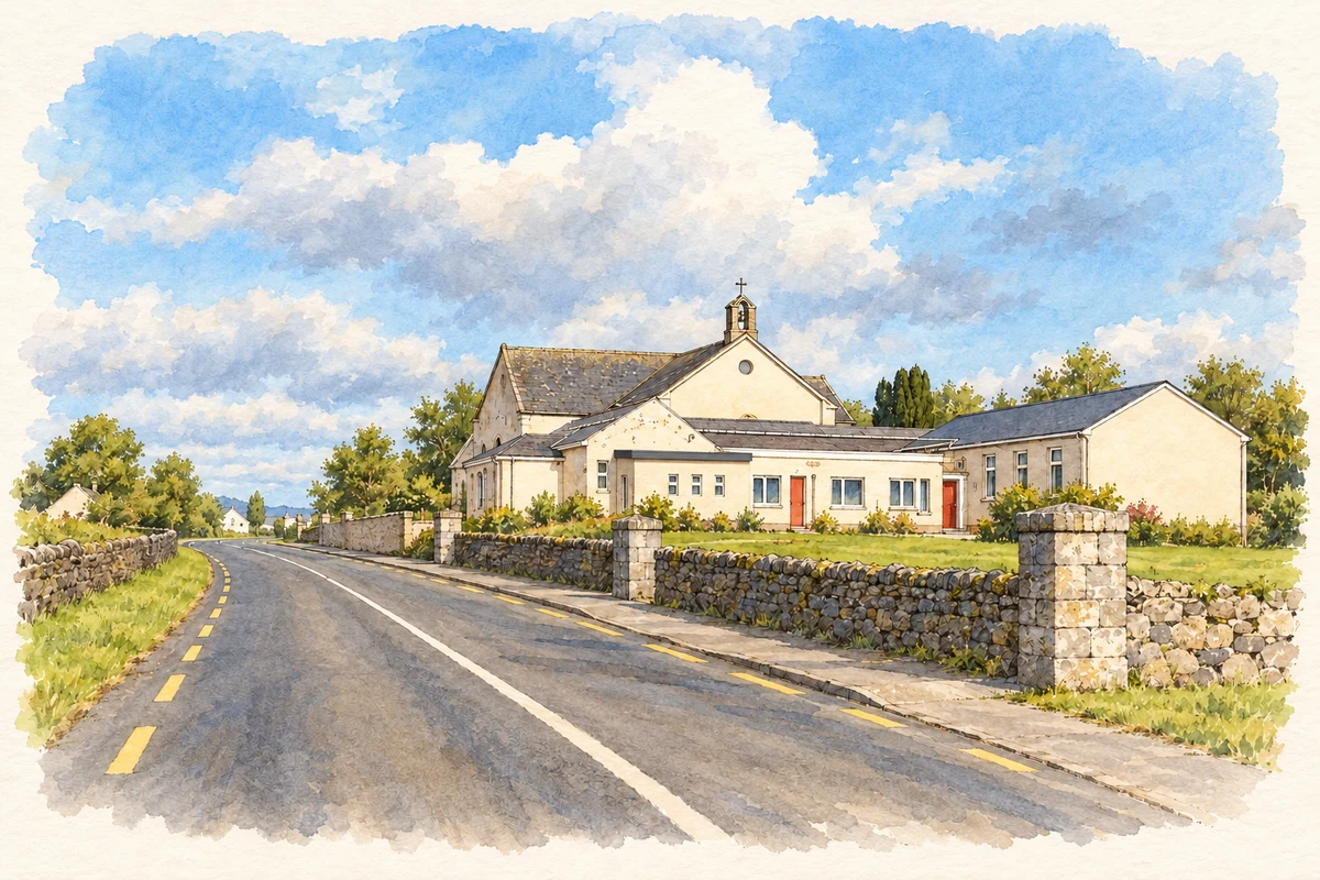 Watercolour and fine ink illustration of Tulsk National School and Catholic Church.