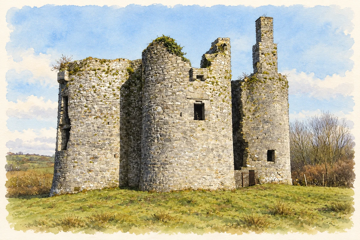 Watercolour and fine ink illustration of Ballinafad Castle, County Sligo.