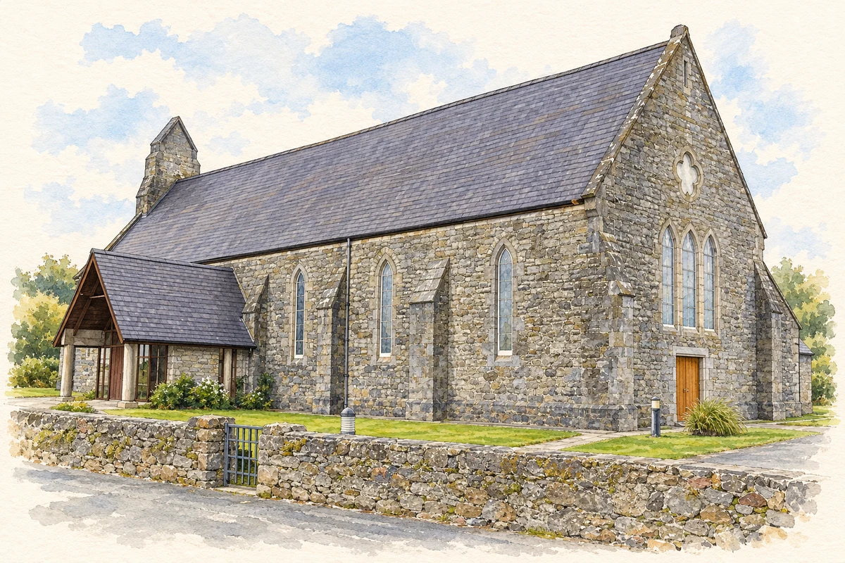 Watercolour and fine ink illustration of Catholic church near Cloghboley.
