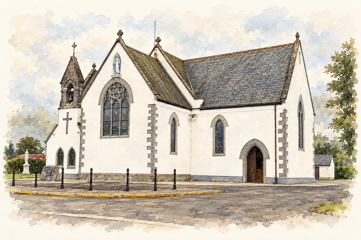 Watercolour and fine ink illustration of Immaculate Conception Church, Curry, County Sligo.