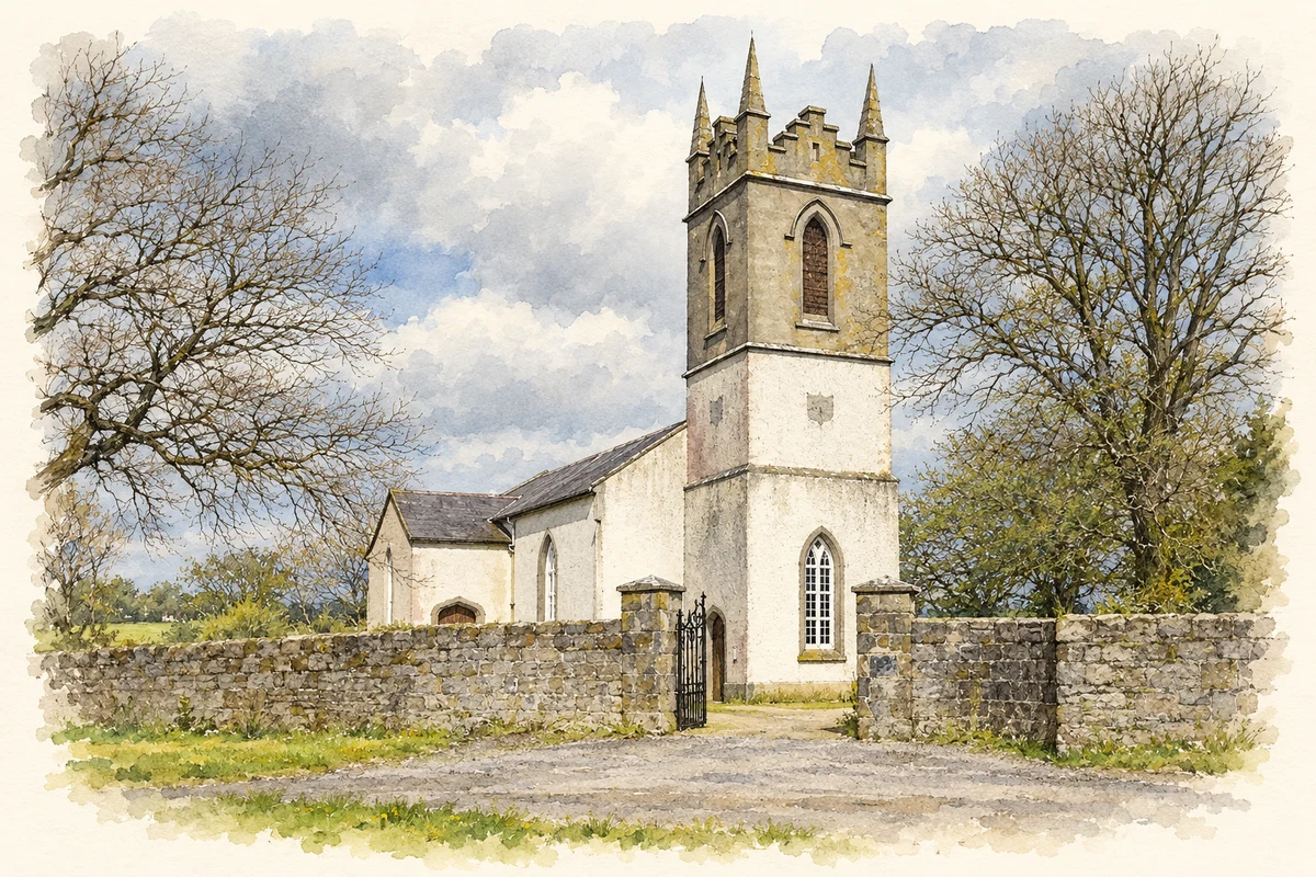 Watercolour and fine ink illustration of Saint Mary's Church, Kilmacshalgan, Dromore West, County Sligo.