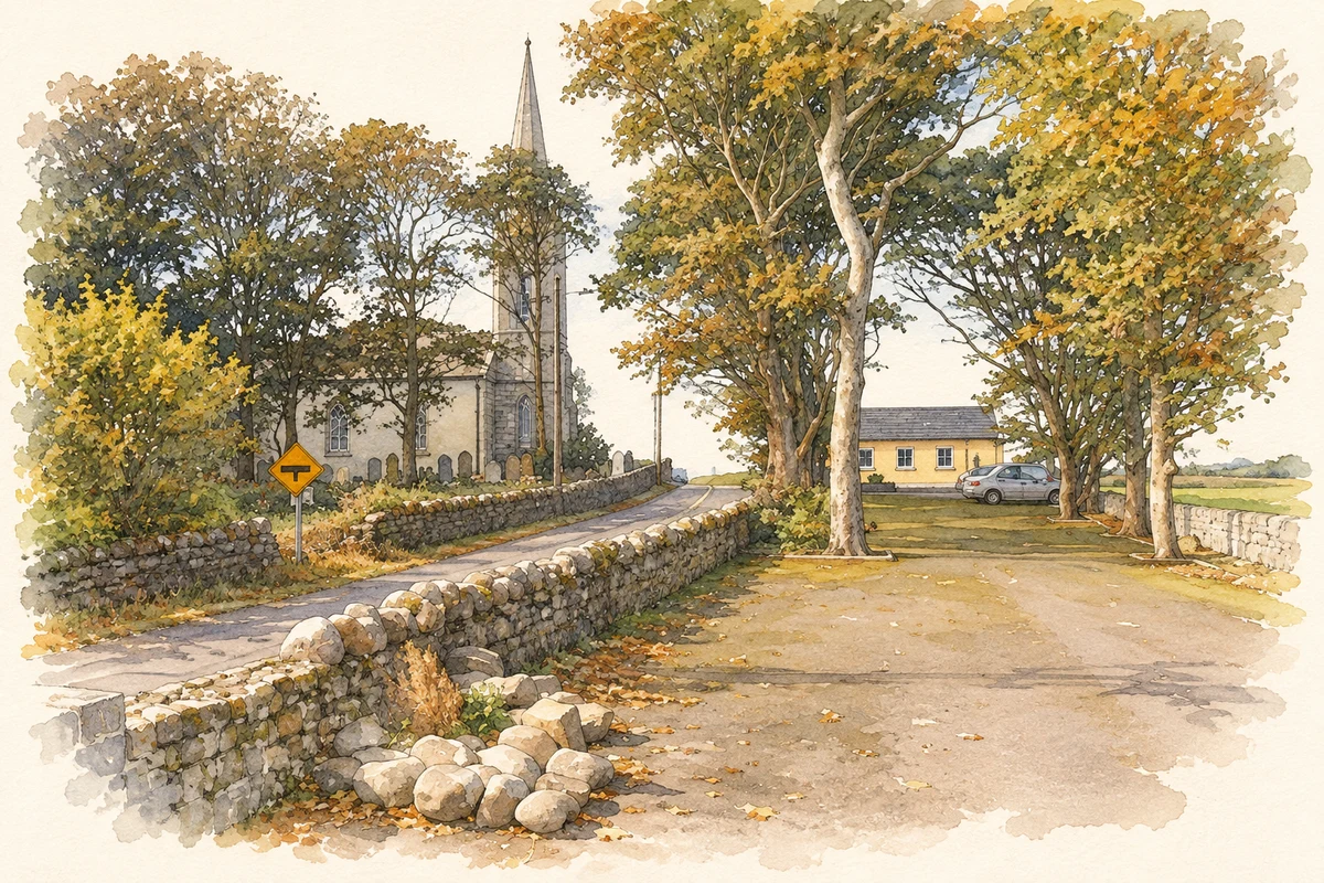 Watercolour and fine ink illustration of Kilglass Church of Ireland and its tree-lined approach, as photographed in 2013.