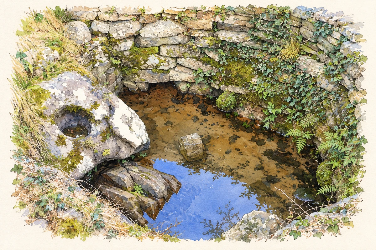 Watercolour and fine ink illustration of St Attracta’s Well near Monasteraden, as photographed in February 2006.