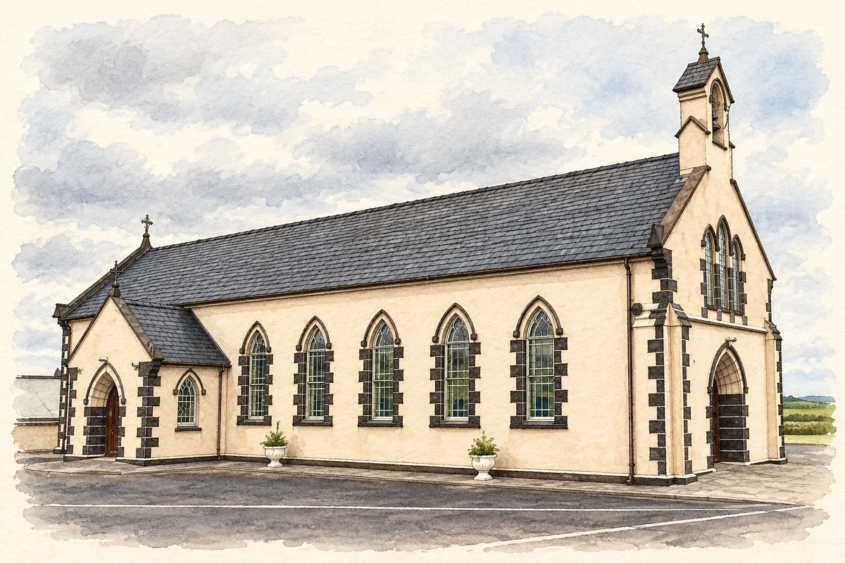 Watercolour and fine ink illustration of Star of the Sea Church at Rathlee, County Sligo, as photographed in May 2006.