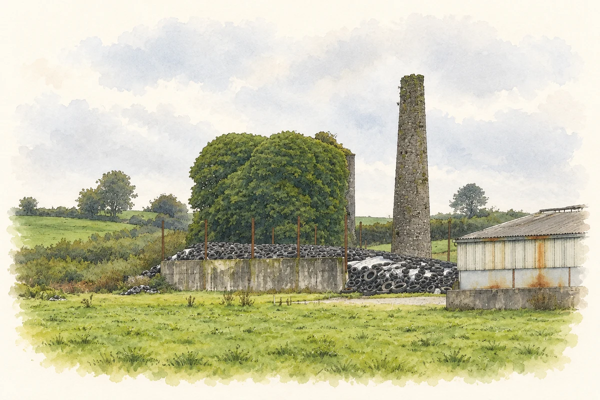 Watercolour and fine ink illustration of Mardyke mine engine house and chimney, near Ballinunty, County Tipperary.