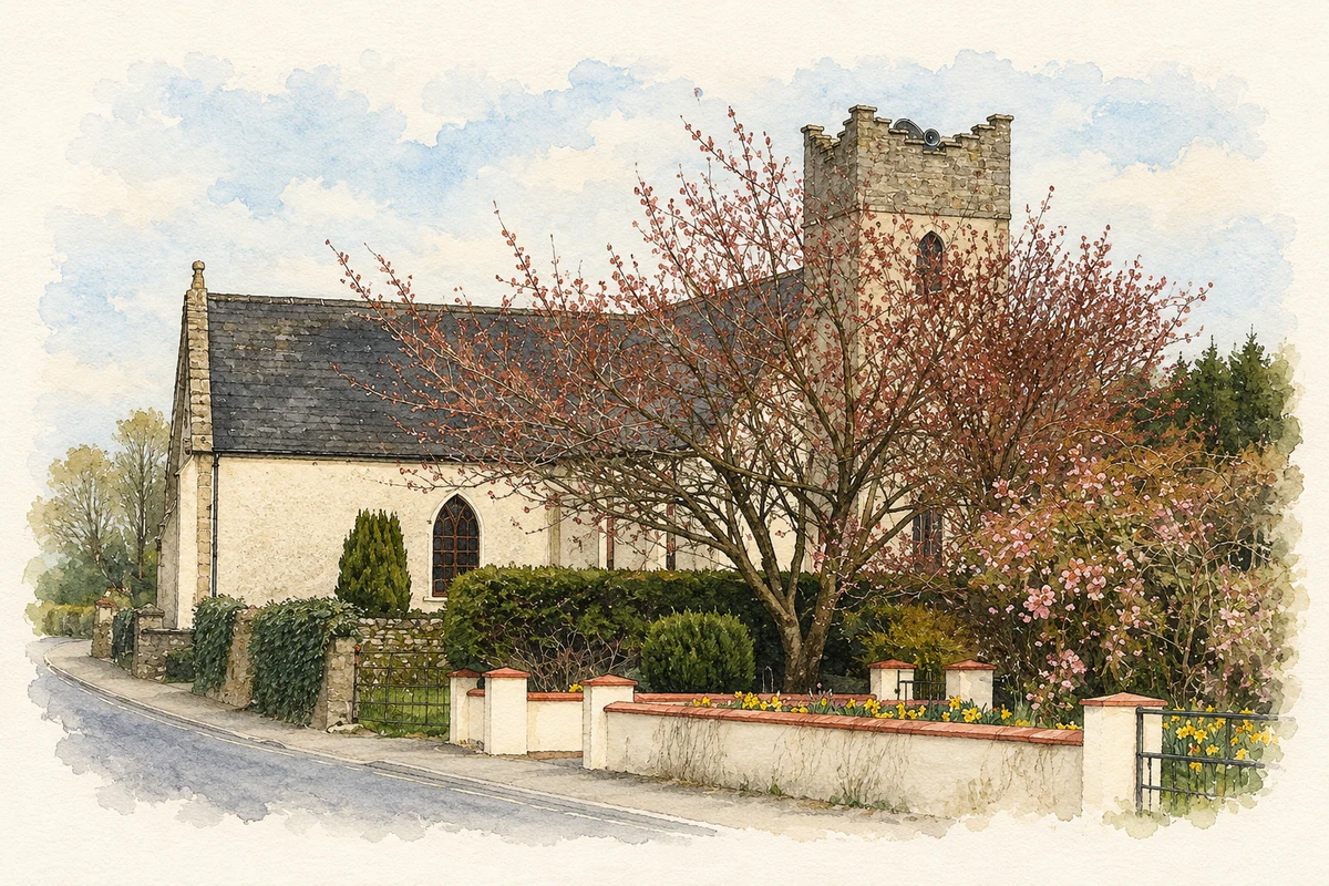 Watercolour and fine ink illustration of Saint Cataldus's Church, Ballycahill.