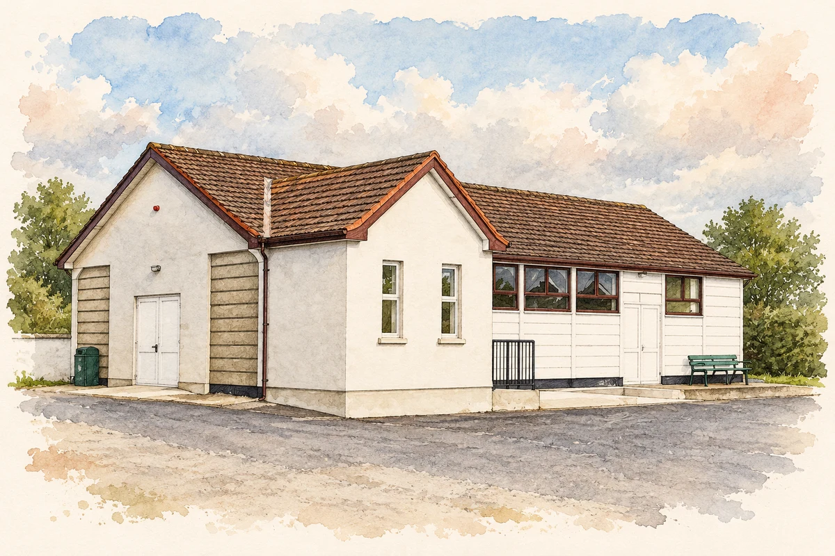 Watercolour and fine ink illustration of Monsea Muintir na Tire Hall, Ballycommon, County Tipperary.