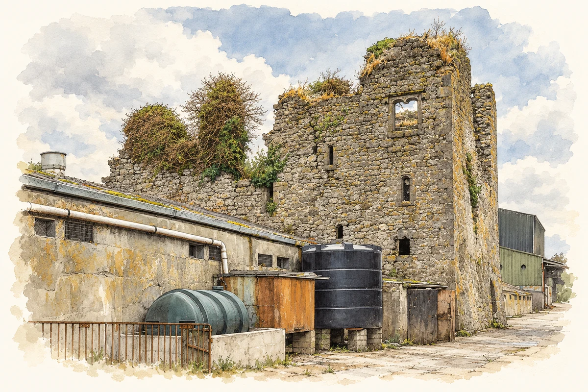 Watercolour and fine ink illustration of Ballymackey Castle ruins, County Tipperary.