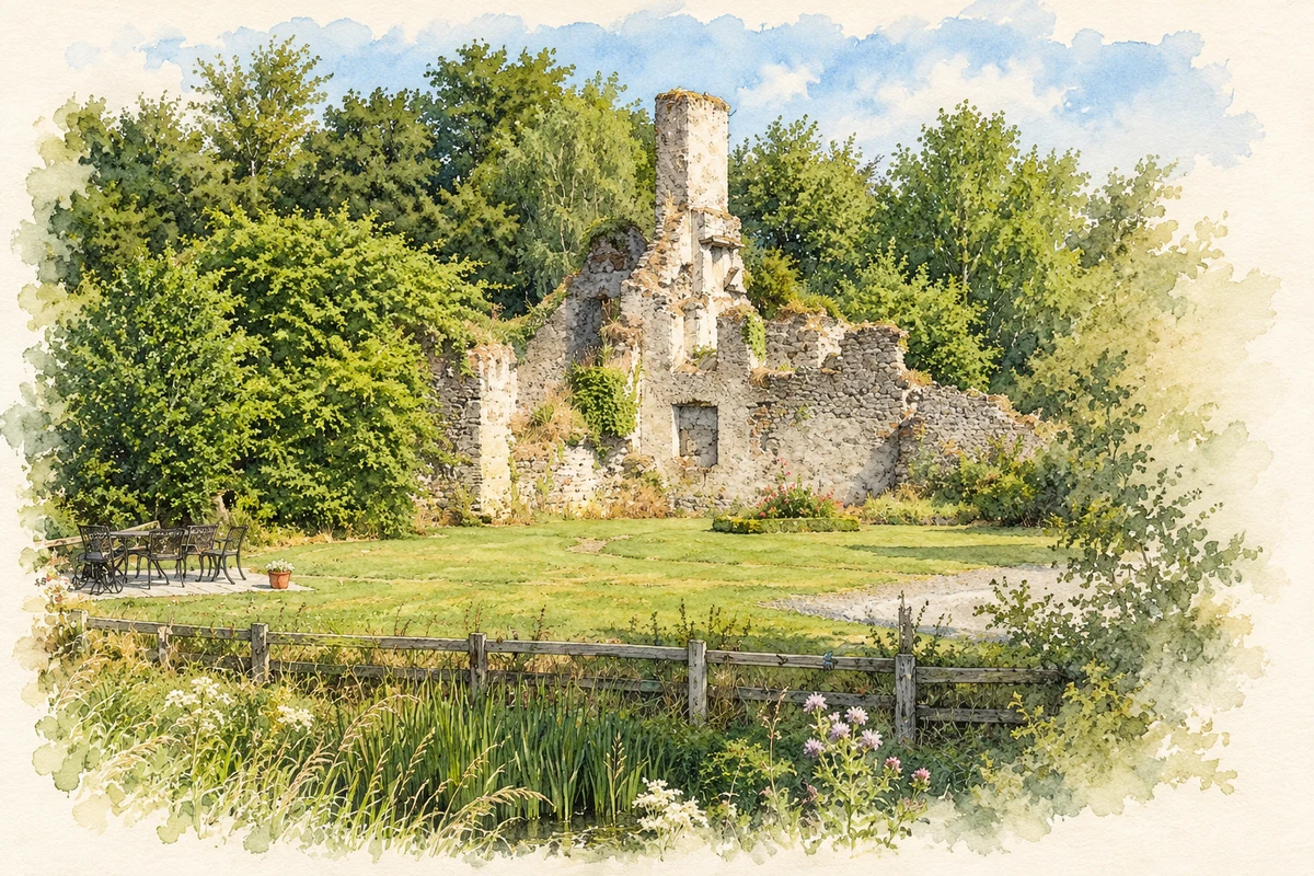 Watercolour and fine ink illustration of Surviving Ballynaclogh castle wall remains.