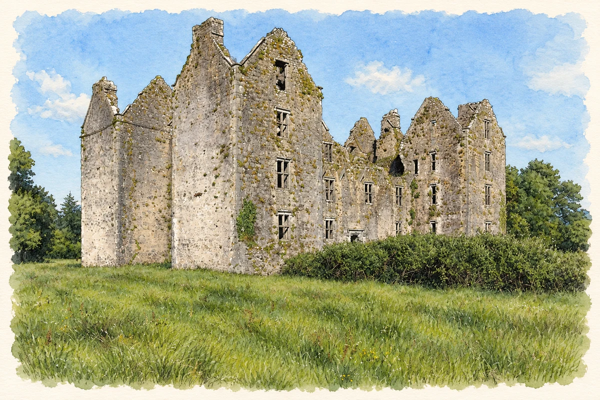 Watercolour and fine ink illustration of Burncourt Castle ruins, County Tipperary.