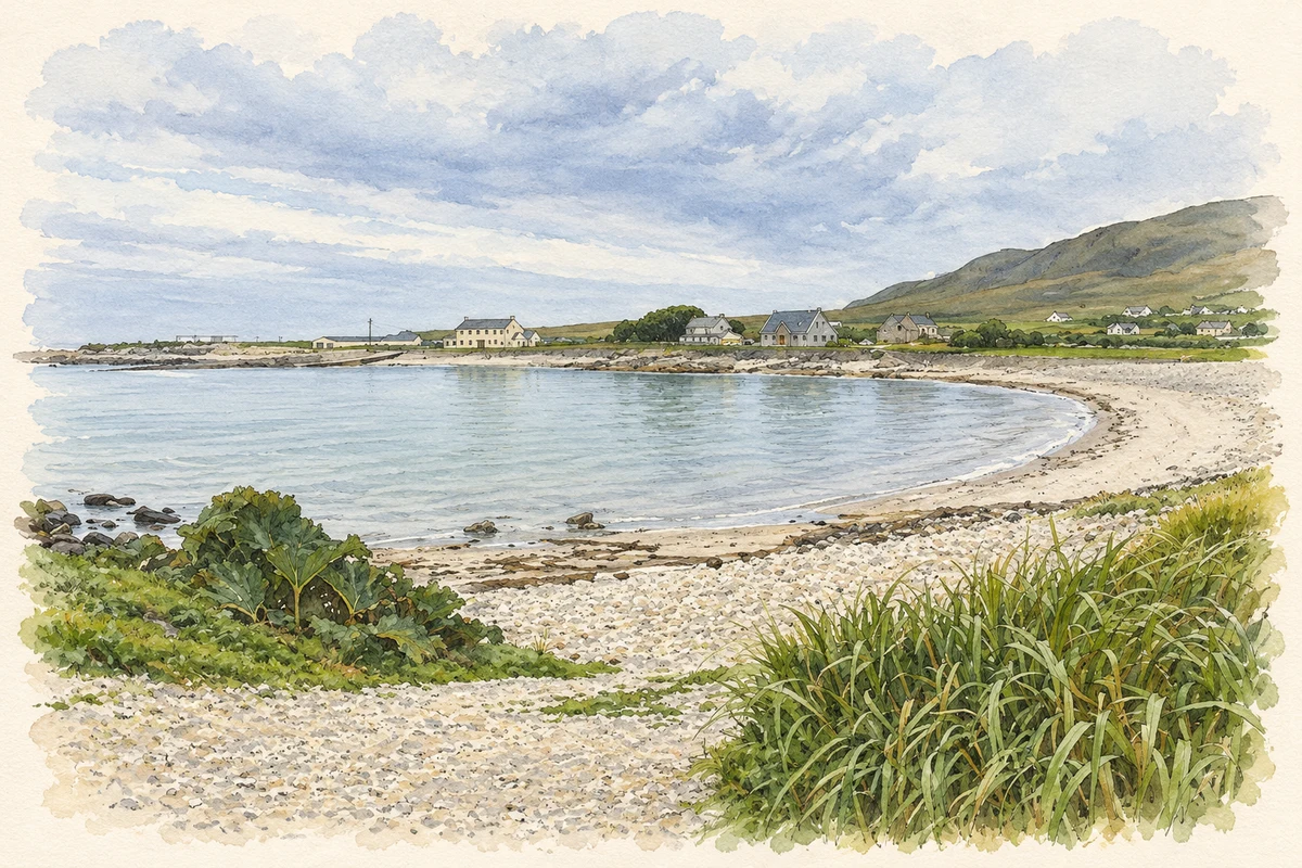 Watercolour and fine ink illustration of Camport Bay at Dooega.