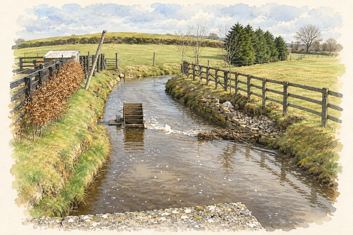 Watercolour and fine ink illustration of River Nore at Clonakenny.