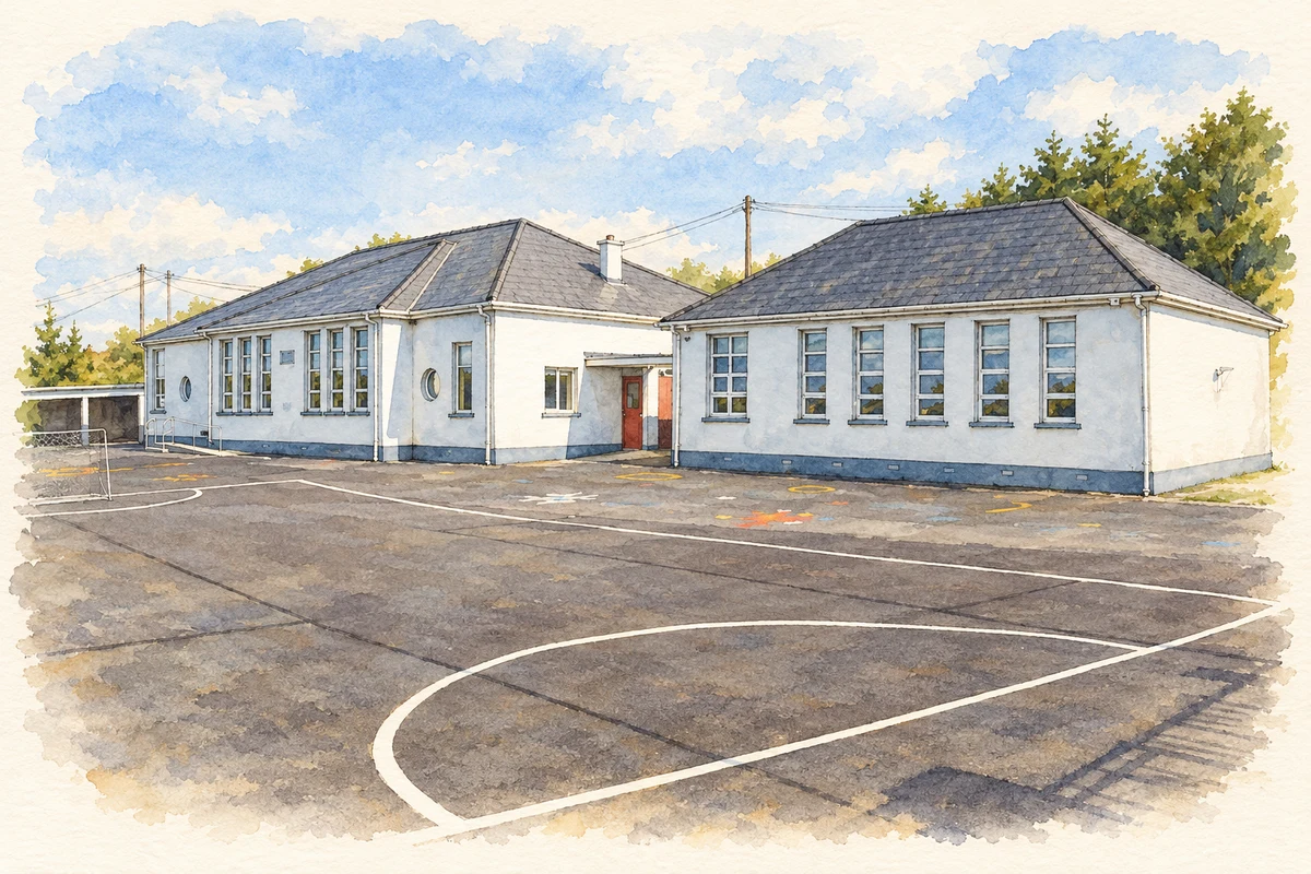Watercolour and fine ink illustration of Cuilmore National School.