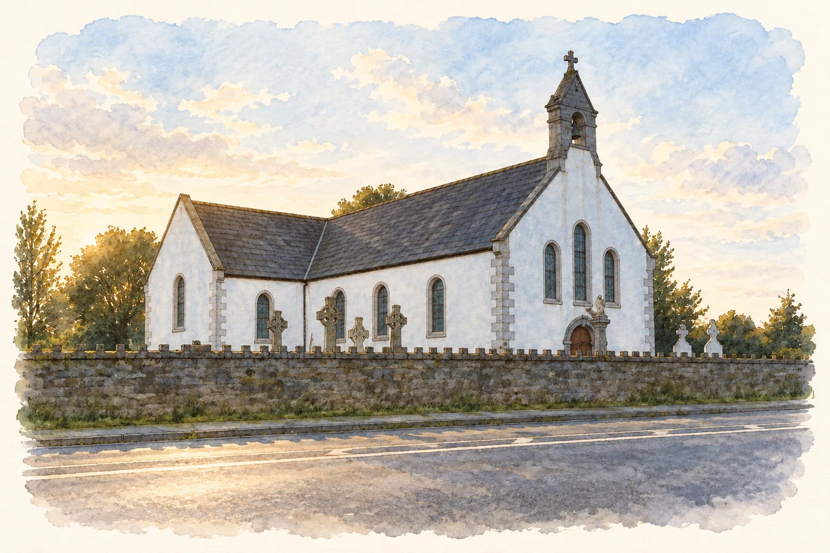 Watercolour and fine ink illustration of Saint Mary’s Church near Grangemockler, as photographed in 2007.
