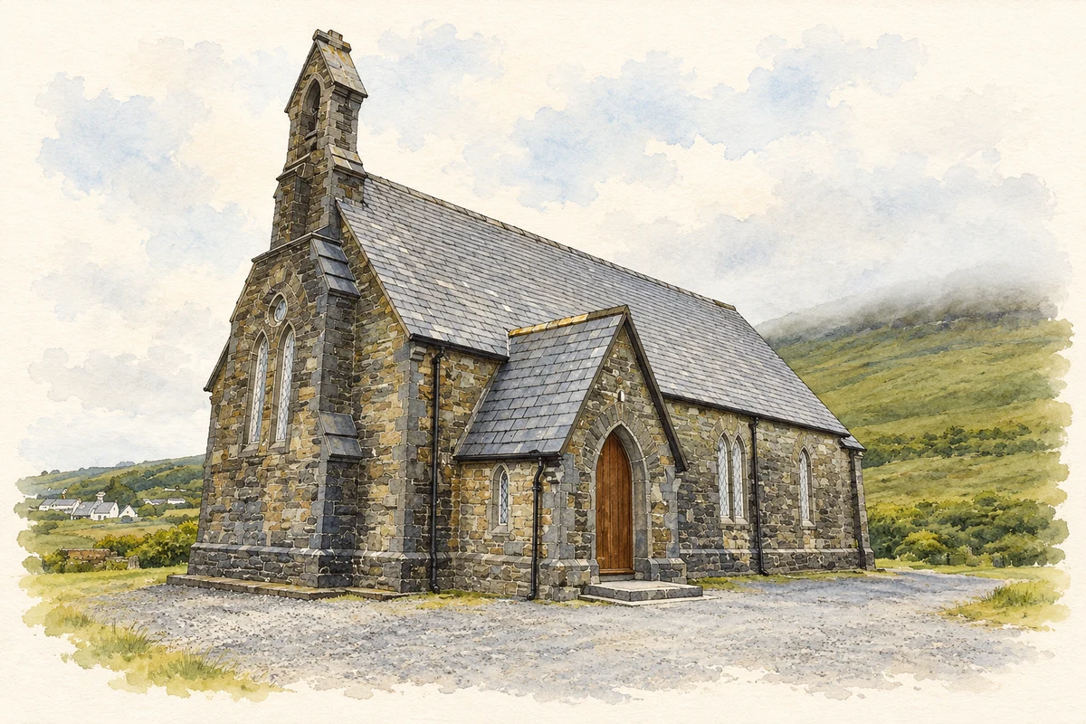 Watercolour and fine ink illustration of Saint Thomas’s Church, Doogort.