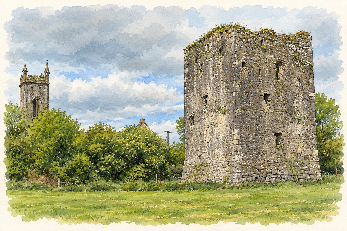 Watercolour and fine ink illustration of Lisronagh Castle ruin, County Tipperary.