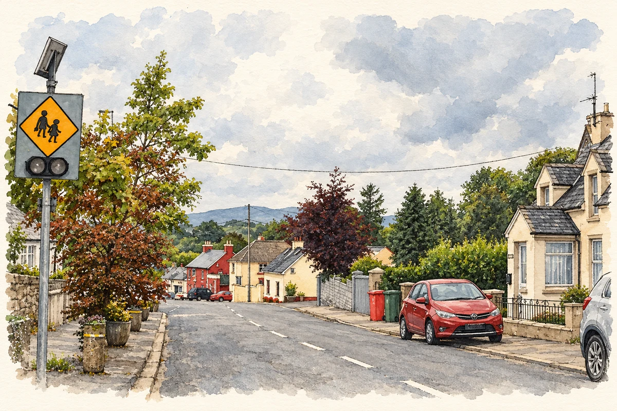 Watercolour and fine ink illustration of Village street at Lisvarrinane / Lisvernane, as photographed in 2018.