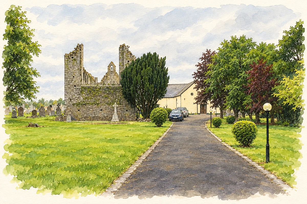 Watercolour and fine ink illustration of Dominican priory and Catholic church at Lorrha, as photographed in 2015.