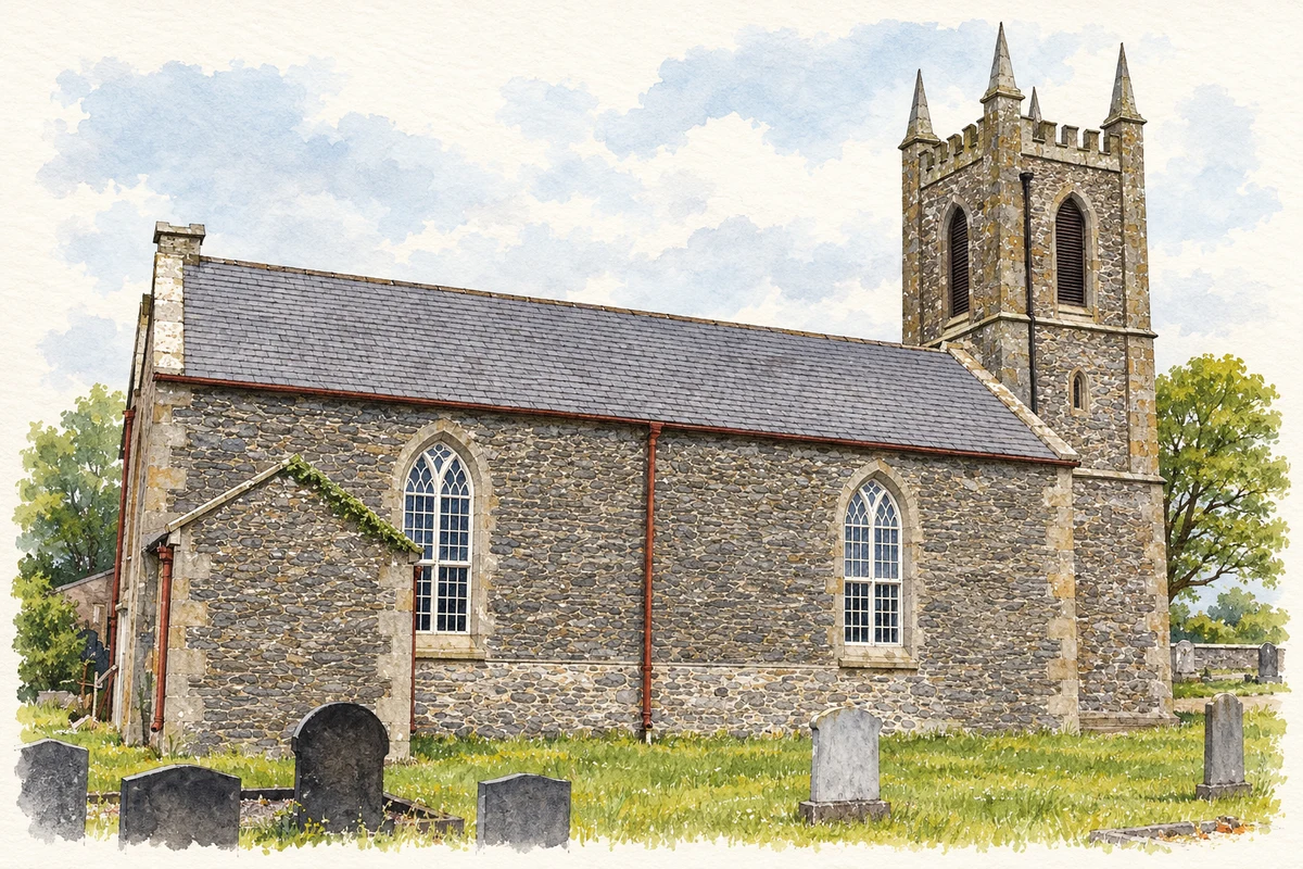 Watercolour and fine ink illustration of Drum Parish Church, Drum, County Monaghan.