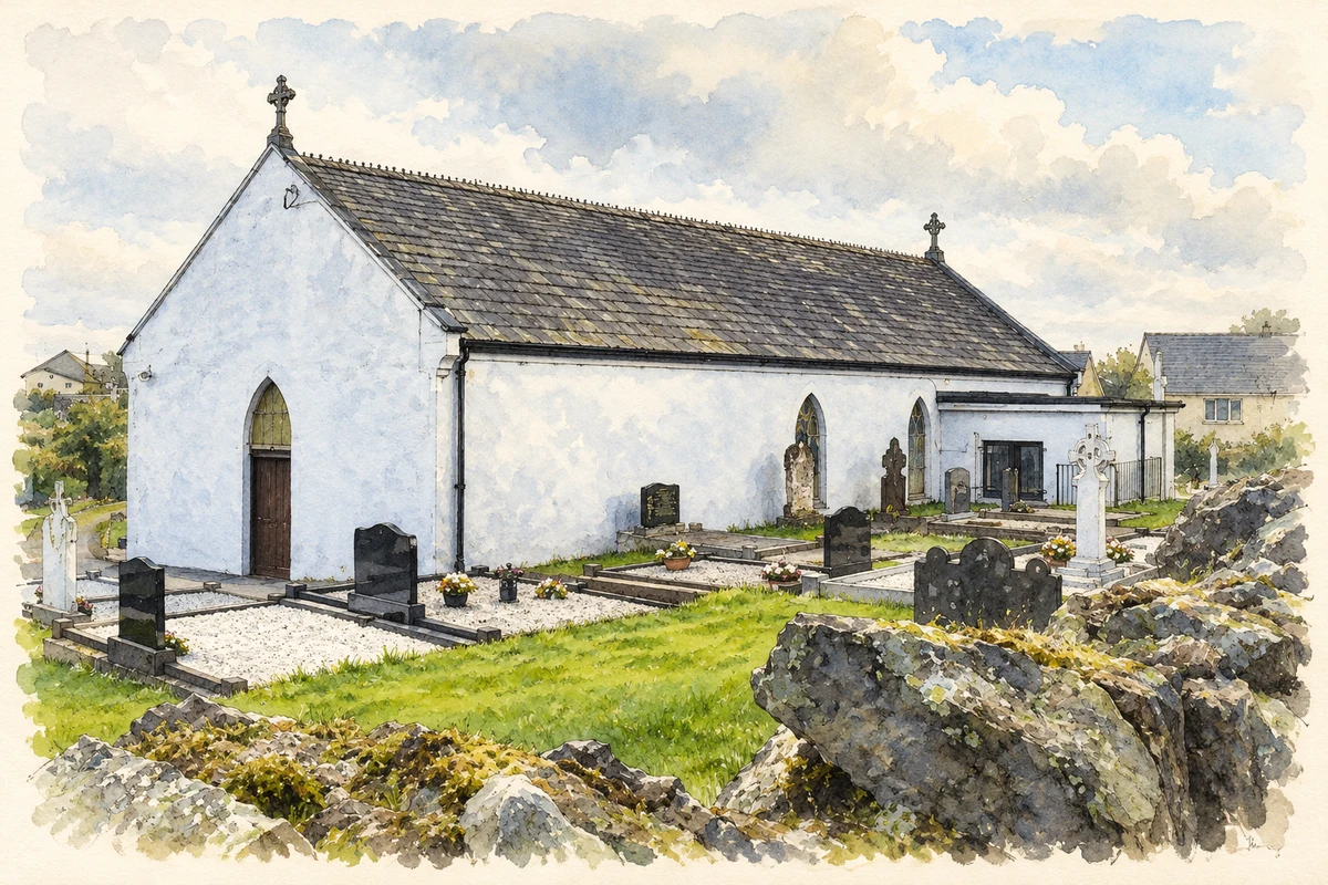 Watercolour and fine ink illustration of Saint Patrick’s Chapel at Oram, near Drumacrib, as photographed in2009.