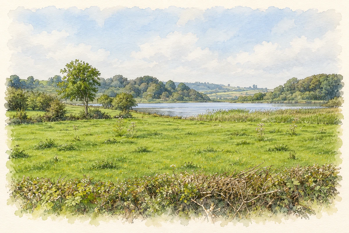Watercolour and fine ink illustration of Lough Muckno embayment near Drumakill.