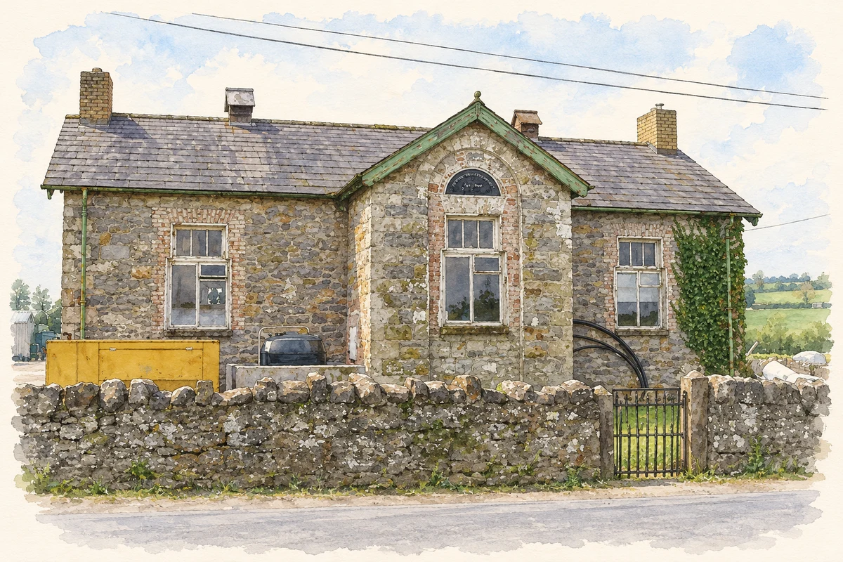 Watercolour and fine ink illustration of The former Killybrone schoolhouse, as photographed in 2006.