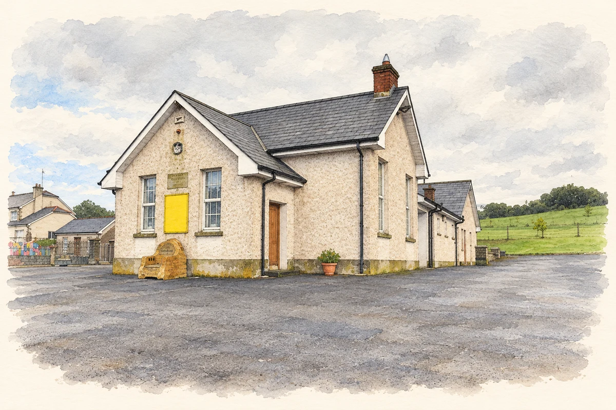 Watercolour and fine ink illustration of The former national school at Latnamard, as photographed in 2012.