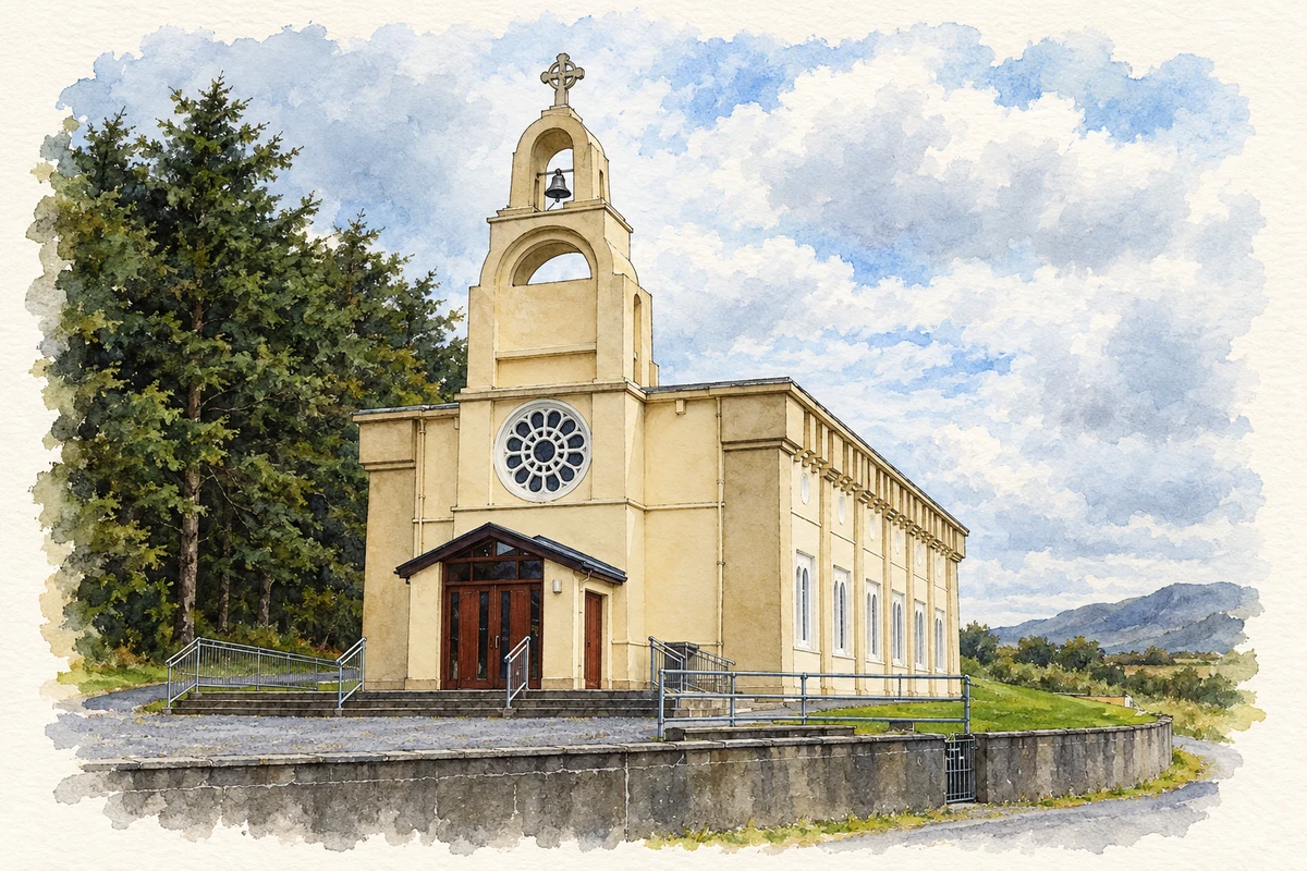 Watercolour and fine ink illustration of Church of the Immaculate Conception, Finny, County Mayo.