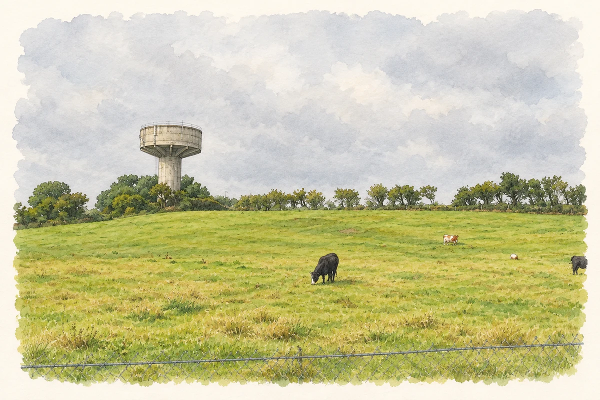 Watercolour and fine ink illustration of The watertower above pasture at Knockanillaun, as photographed in 2012.