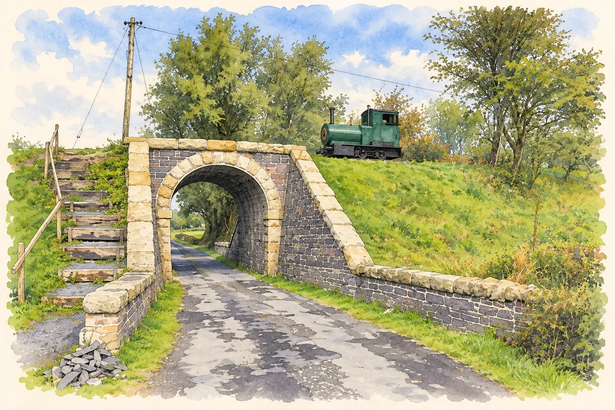 Watercolour and fine ink illustration of Disused railway bridge at Lisnalong, as photographed in 2012.