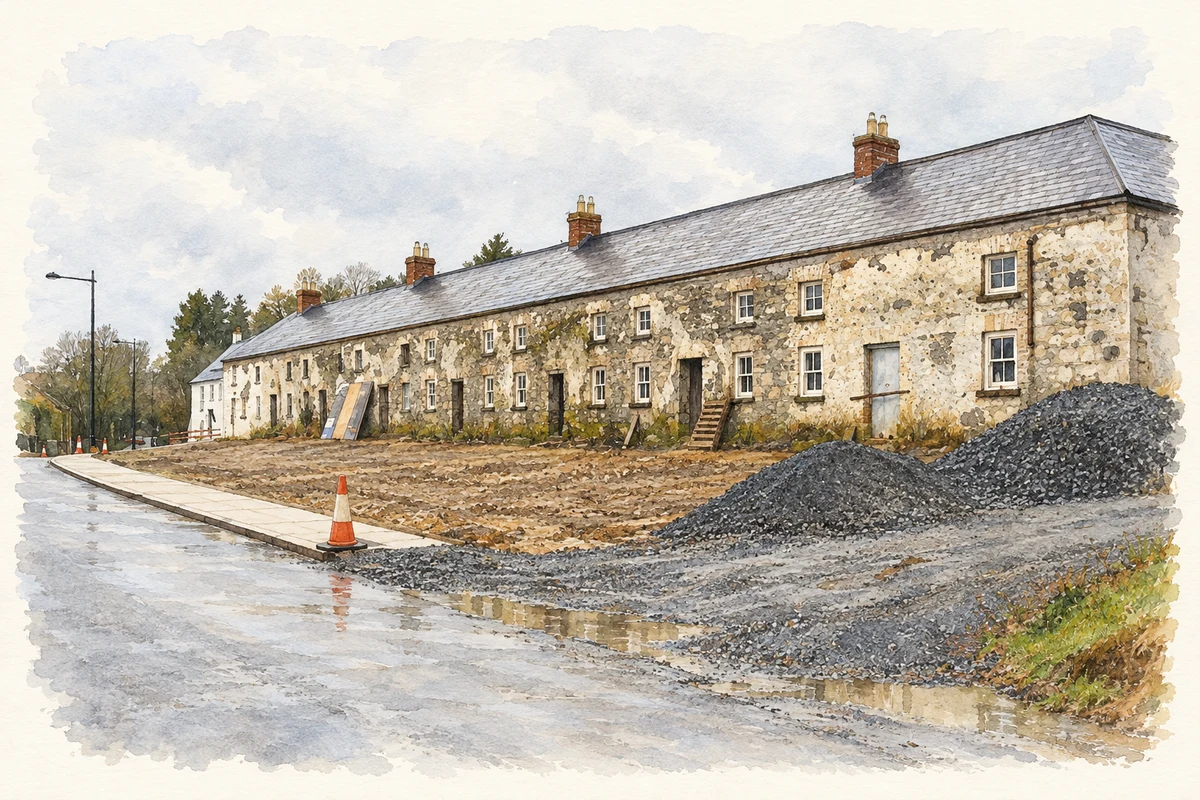 Watercolour and fine ink illustration of Millworkers’ houses at Mullan during restoration in November 2008.