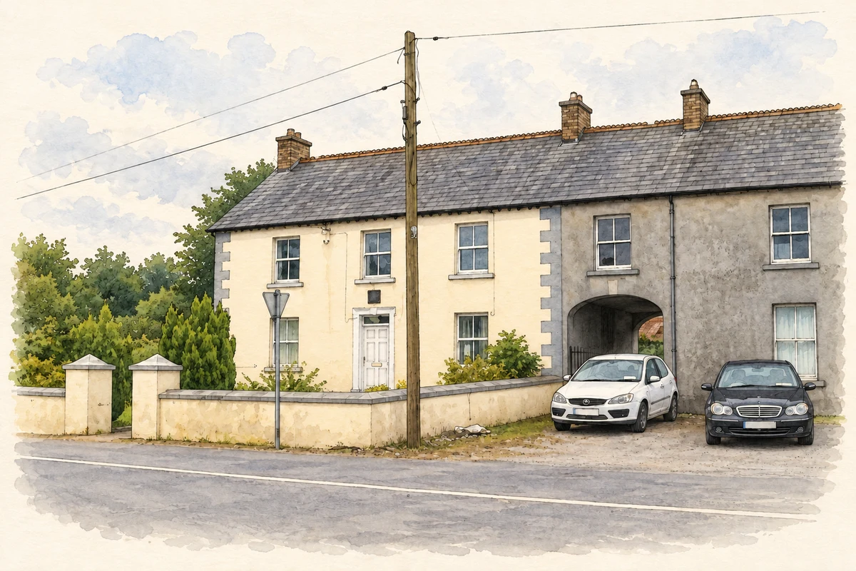Watercolour and fine ink illustration of Shantonagh Garda station and adjoining premises, County Monaghan, as photographed in July 2012.