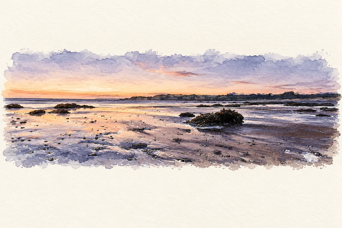 Watercolour and fine ink illustration of Annestown beach at dusk, County Waterford.