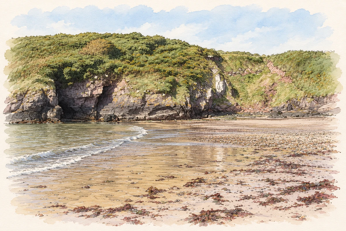 Watercolour and fine ink illustration of Ballymacaw Cove, County Waterford.