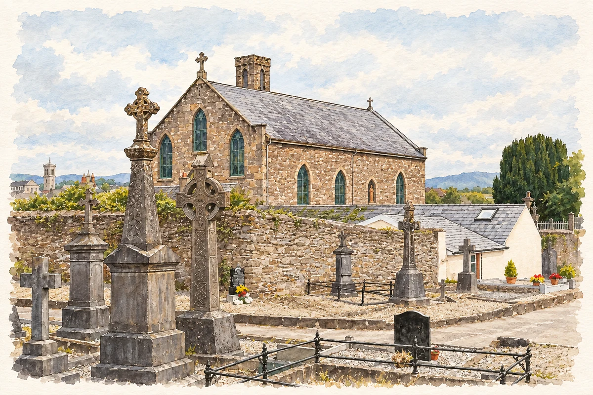 Watercolour and fine ink illustration of St Molleran's Church, Carrickbeg, County Waterford.