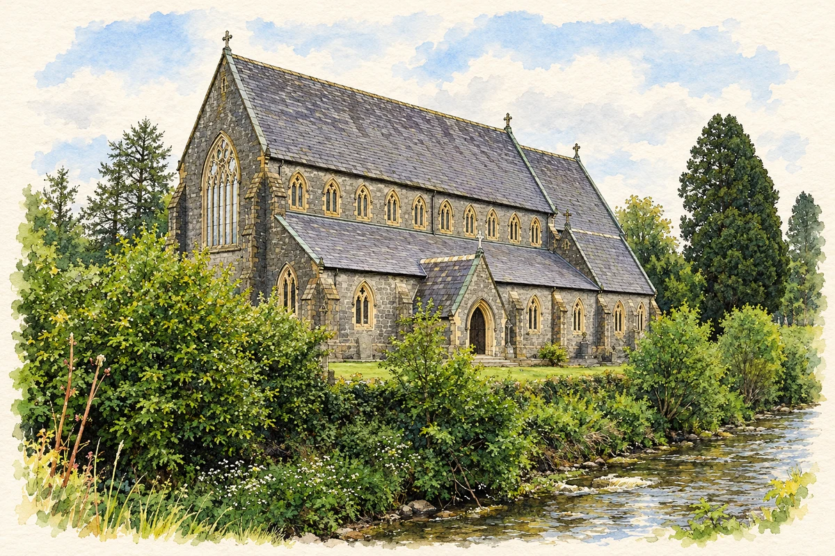 Watercolour and fine ink illustration of Catholic church, Clonea-Power.