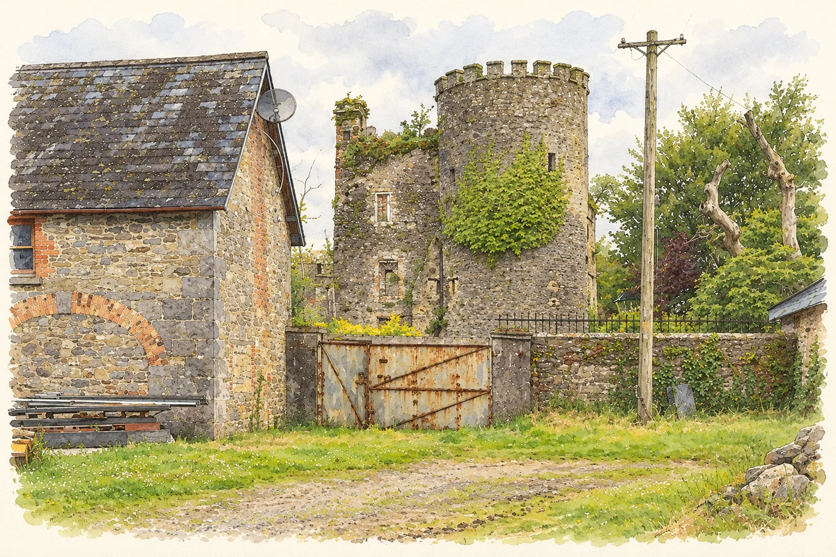 Watercolour and fine ink illustration of Kilmanahan Castle and estate buildings, as photographed in 2012.