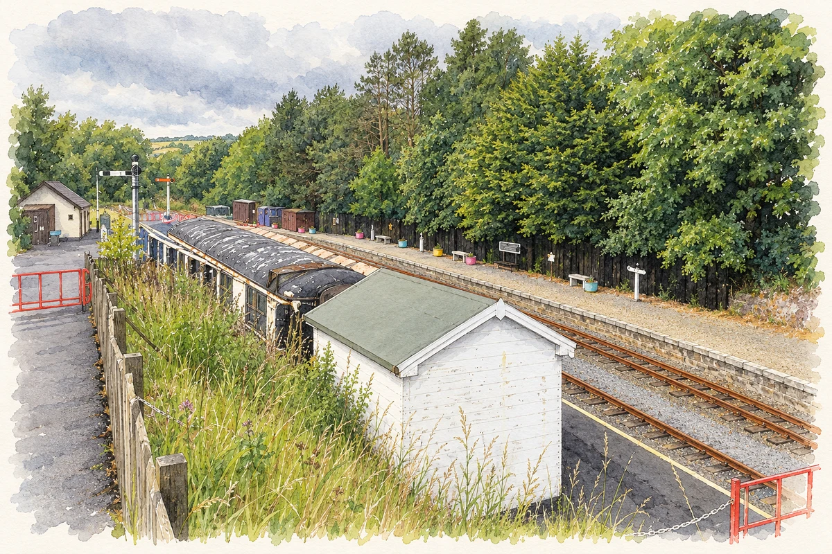 Watercolour and fine ink illustration of Kilmeadan station on the Waterford and Suir Valley Railway, as photographed in 2018.