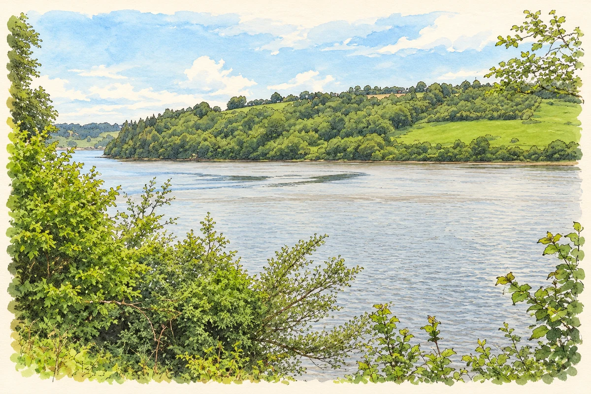 Watercolour and fine ink illustration of The River Blackwater near Lackaroe, as photographed in 2026.