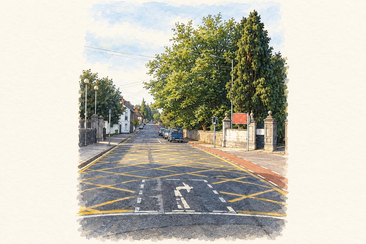 Watercolour and fine ink illustration of Newtown Road in Waterford, as photographed in August 2013.