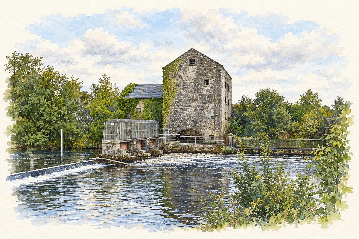 Watercolour and fine ink illustration of Athleague Mill on the River Suck.