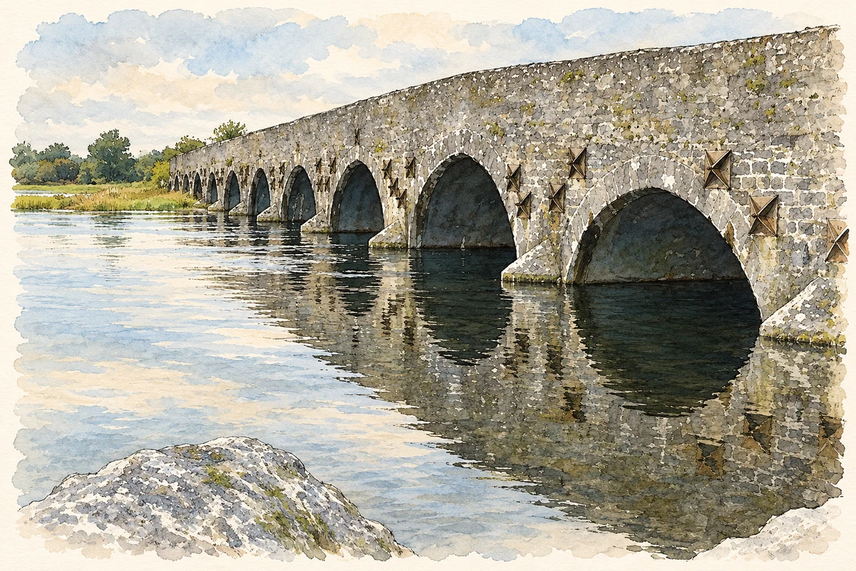 Watercolour and fine ink illustration of Ballyforan Bridge over River Suck, County Roscommon.
