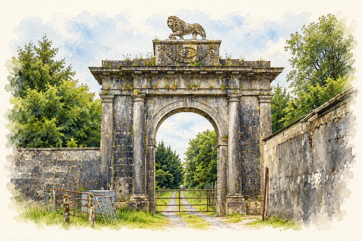 Watercolour and fine ink illustration of Lion Gate, Mote Park, near Ballymurray.