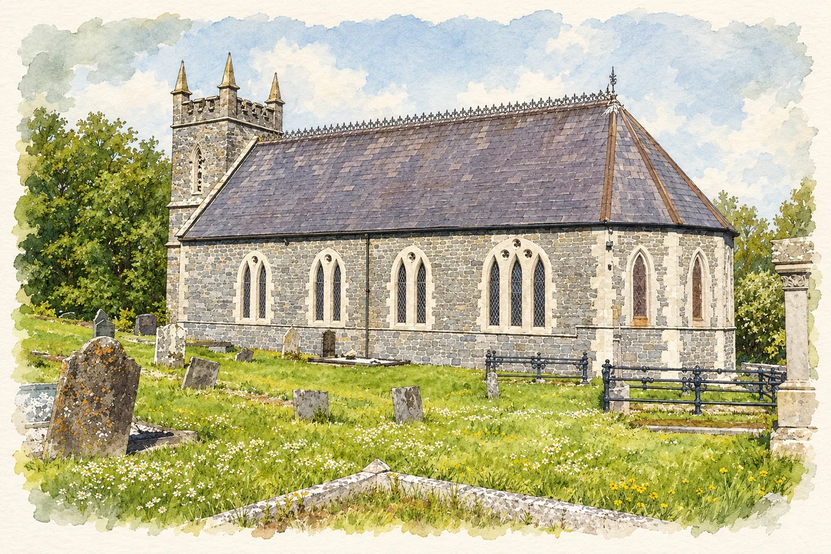 Watercolour and fine ink illustration of Christ Church, Aghnamullen, County Monaghan.