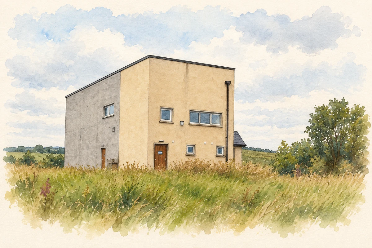 Watercolour and fine ink illustration of Cortober indoor handball court, County Monaghan.