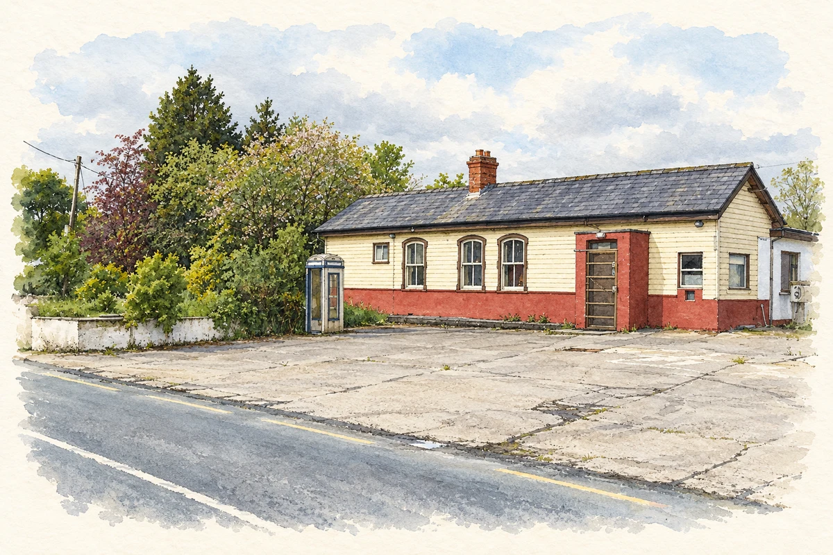 Watercolour and fine ink illustration of Former Creaghanroe railway station (Moore’s Station).