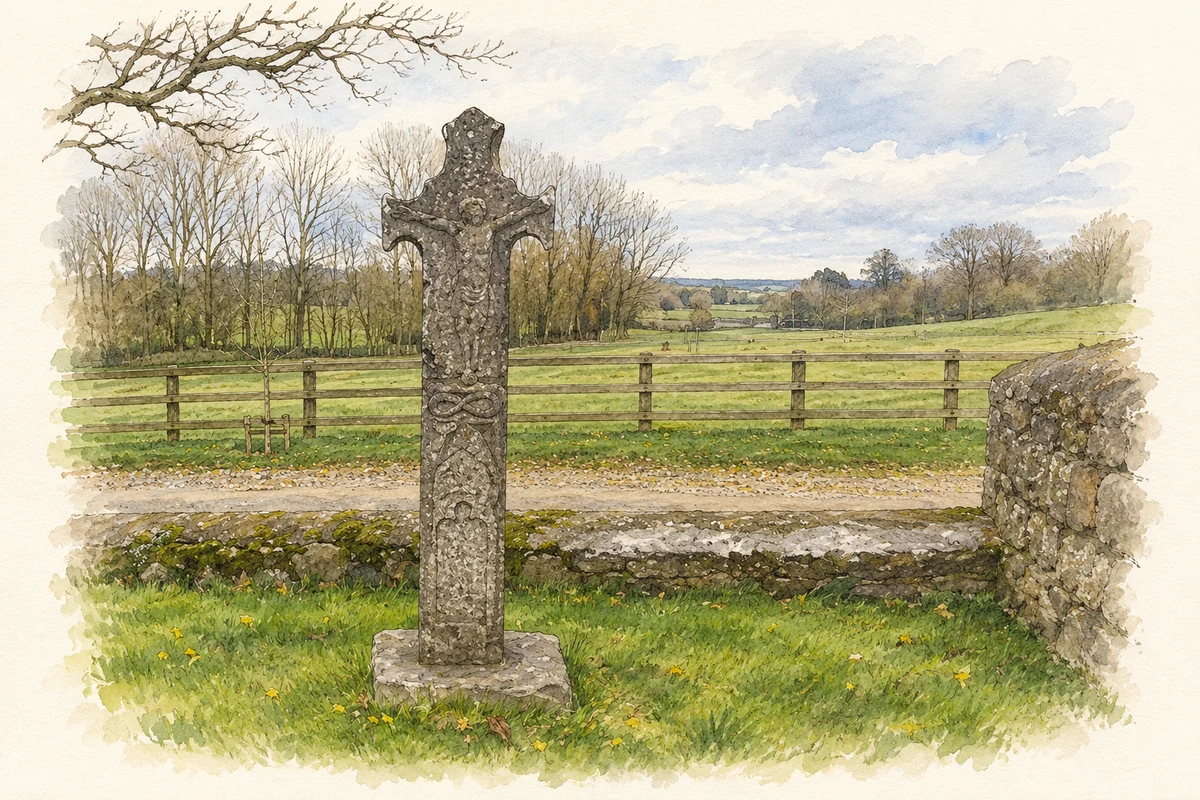 Watercolour and fine ink illustration of Balrath wayside cross, Ballymagarvey graveyard, County Meath.